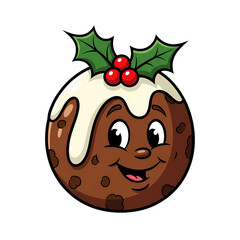 Joyful Christmas pudding character with holly and icing