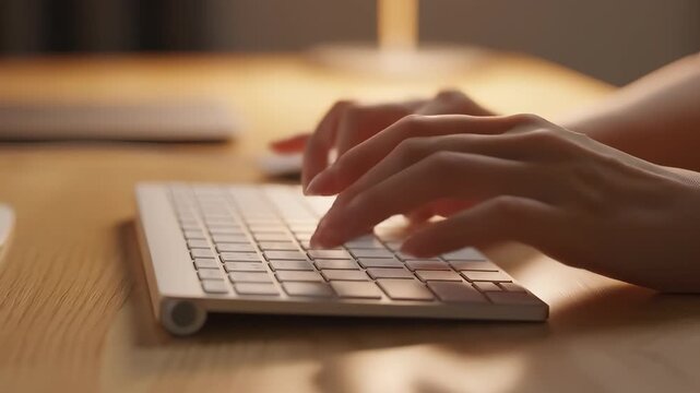 Typing at work: Close-up of a person's hands diligently navigating a keyboard, fingers poised to transcribe ideas, messages, or code.