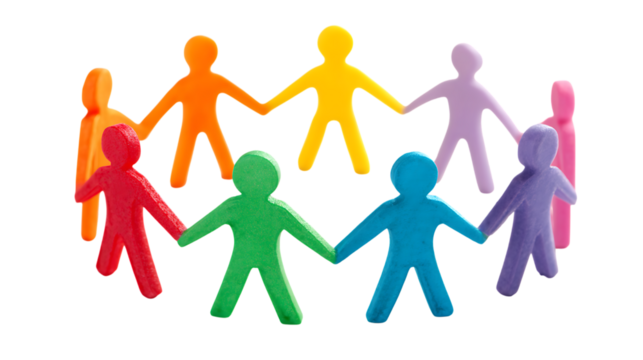Colorful clay figures holding hands in a circle isolated on transparent background.