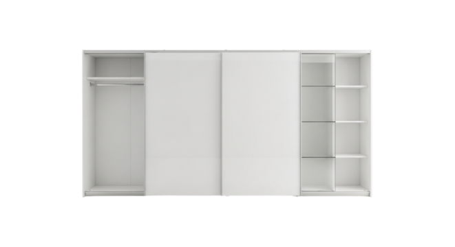 Modern white wardrobe with sliding doors and shelves isolated on transparent background, providing ample storage space - Powered by Adobe