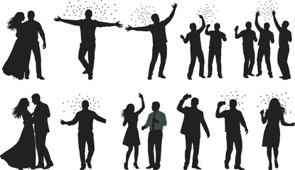 Dancing silhouettes, expressive poses, joyful movement, party celebration, adult and child figures, black and white illustration, social interaction, energetic dance, headphones, drinks, 