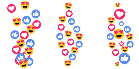 Vector flying red love hearts stream social media emoji icons pattern doodle feedback internet reaction comment post layout bubble confetti colorful celebration background like set design