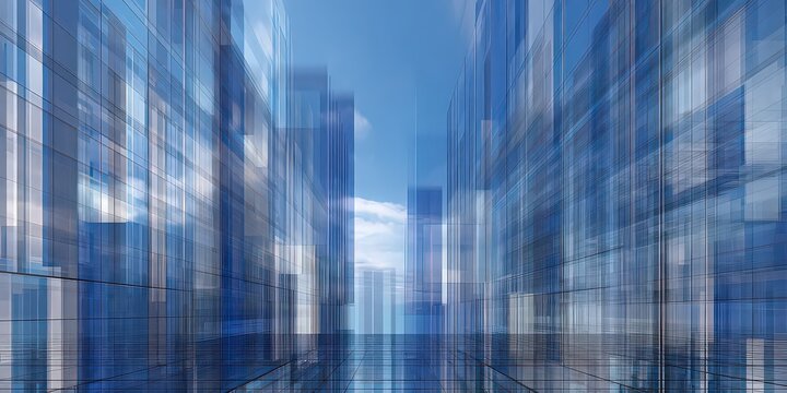 Abstract Transparent Blue Structures Reflecting Sky with Clouds Architecture Building Futuristic Geometric Design Pattern Visualization Rendering