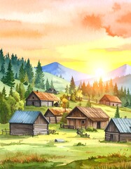 Watercolor village landscape at sunset