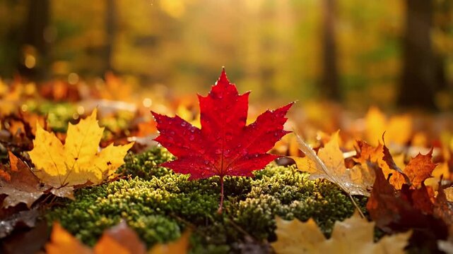 A detailed macro shot capturing the intricate vein structure and delicate dew drops on a single, vibrant red maple leaf resting on damp moss. Close up, focusing on natural textures and micro details.