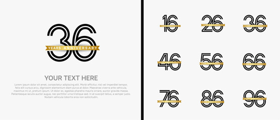 anniversary logo set with golden ribbon. black number on white background for celebration moment