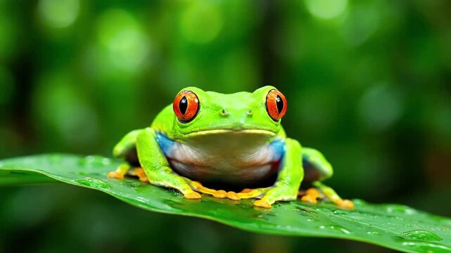 Capturing the intricate details of a vibrant tree frog's skin and unique eye patterns as it perches on a dewy tropical leaf, highlighting its natural camouflage.