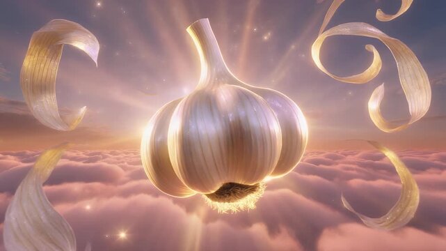 Surreal Garlic Bulb Floating Over Clouds With Sun Rays, Dreamy Fantasy Scene

