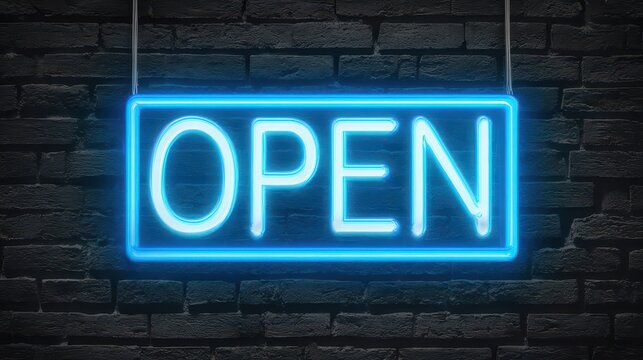 Online Store Now Open. Neon Sign on Dark Brick Wall Background