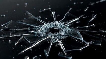 Shattered glass with radial crack pattern and sharp fragments against dark background - Powered by Adobe