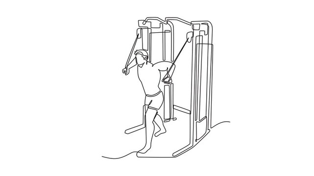 Self drawing animation of single line draw young man is performing cable crossover exercise on cable machine, focused chest strength and dynamic fitness workout. Continuous line. Full length animated