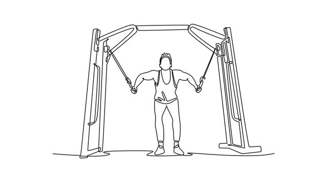 Self drawing animation single line draw attractive man is performing cable fly exercise on cable machine, focused chest strength and dynamic upper body workout. Continuous line. Full length animated