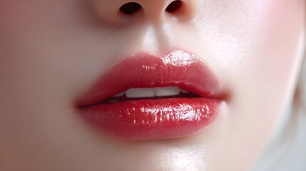 Fototapeta premium Close up of luscious red lips with a high shine gloss showcasing smooth skin texture and sensual appeal for beauty and fashion
