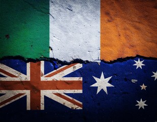 cracked floor with ireland and australia flag on each side