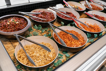 Various types of Korean food display showcases in food market.