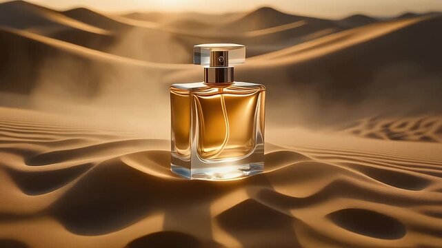 Luxury Perfume Bottle On Desert Sand Dunes At Sunset, Elegant Fragrance Concept

