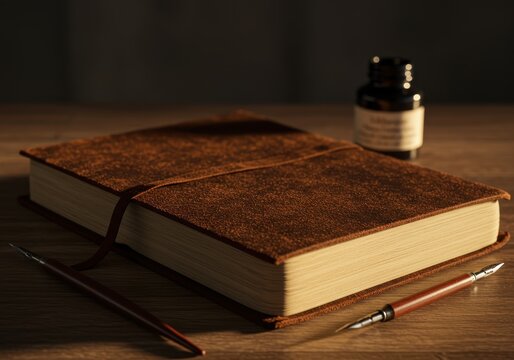 Antique leather bound journal rests on a wooden surface beside writing instruments and inkwell