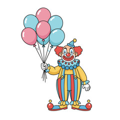 Obraz premium A Cheerful Cartoon Clown Character Wearing A Colorful Jumpsuit And A Party Hat Holding A Bunch Of Pink And Blue Balloons Against A Black Background