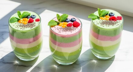 Vibrant Layered Smoothie Glasses Garnished With Berries and Fresh Mint for Refreshment