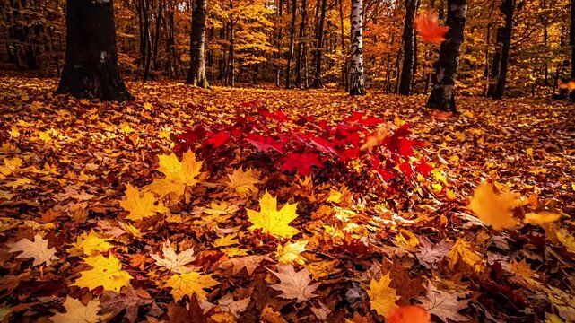 Macro perspective of a single vibrant maple leaf displaying intricate vein patterns and dew drops, highlighting the rich autumnal color spectrum from deep red to golden yellow.