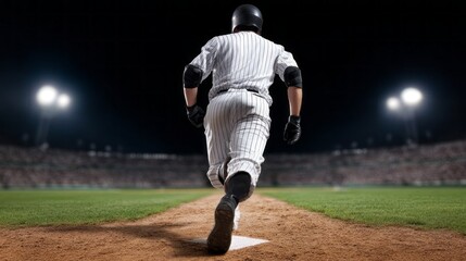 A determined baseball batter approaches home plate, embodying focus and readiness. The stadium lights illuminate the field, highlighting the thrilling atmosphere of a night game filled with energy