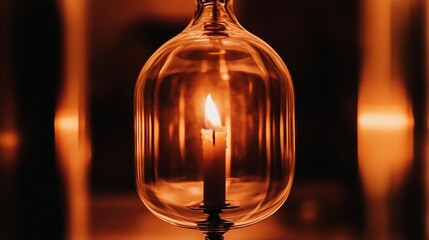A solitary candle burning brightly within a clear glass cloche casting a warm and serene glow