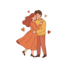 A Loving Couple Embraces Tenderly Surrounded by Small Hearts on a Black Background with Warm Tones Dominating the Orange and Yellow Outfits