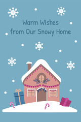 Merry Christmas card with cozy winter cottage illustration. Cute Christmas postcard with snowy home and holiday mood. 