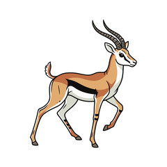 A stylized cartoon illustration of a gazelle with long curved horns walking with its head held high against a stark black background showcasing its brown white and black markings