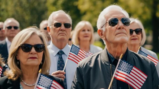 Diverse group of adults holding American flags at a patriotic outdoor event, looking forward with pride and respect