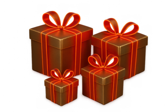 Golden gift boxes with vibrant orange ribbons celebrating holidays, birthdays, and special occasions, transparent background