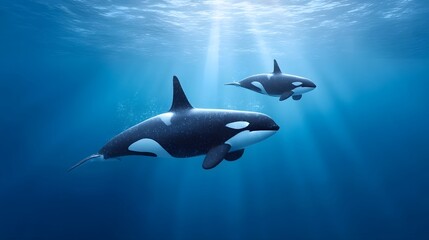 Obraz premium Two powerful killer whales an orca and its calf navigate the deep blue ocean illuminated by ethereal sunbeams filtering from the surface