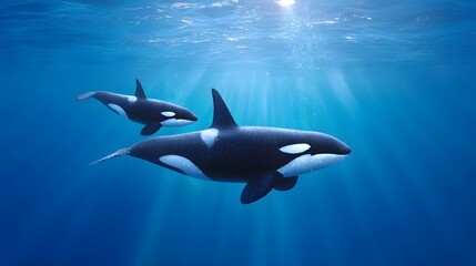 Obraz premium Two powerful orcas a marine mammal species glide through the clear blue ocean waters bathed in ethereal sunbeams creating a serene and majestic underwater scene of natural beauty