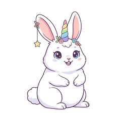 Adorable White Bunny Rabbit With A Rainbow Unicorn Horn And Floral Crown On A Black Background
