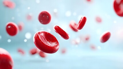 Close up 3D illust n showcasing red blood cells erythrocytes in motion set against a softly blurred blue background with light speckles representing biology health and vital bodily functions