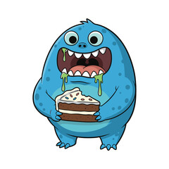 Blue Cartoon Monster With Big Eyes And Open Mouth Holding A Slice Of Cake In Front Of Black Background
