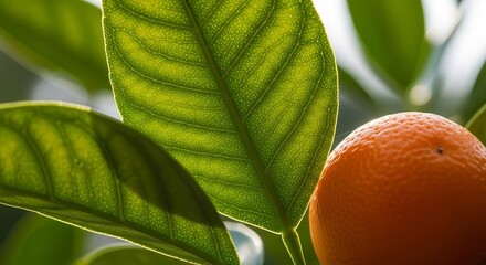 Vibrant Lush Green Leaves Frame A Beautiful Ripe Orange Citrus Fruit