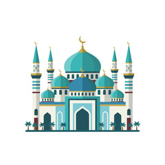 Blue and White Mosque with Palm Trees and Crescent Moons on Minarets Clean Vector Illustration on Black Background