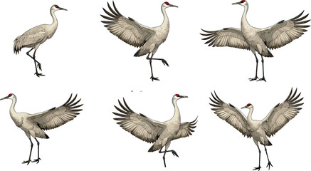 Obraz premium Cartoon sandhill crane set in various poses with wings spread and walking stances, vector illustration for bird anatomy and nature concept