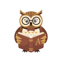 A cartoon owl wearing glasses and a bow tie reads an open book with the letter A on its page education and knowledge concept