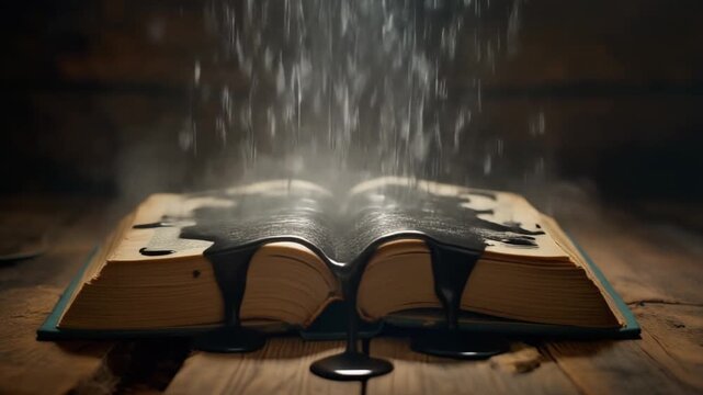 Ancient book pages being rewritten by floating ink droplets, past mistakes corrected, second chances metaphor, magical realism, time manipulation concept