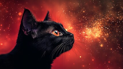 Black cat stares intently to the right against a backdrop of red and orange bokeh lights.