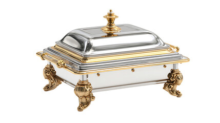 Elegant silver and gold serving dish isolated on transparent background.