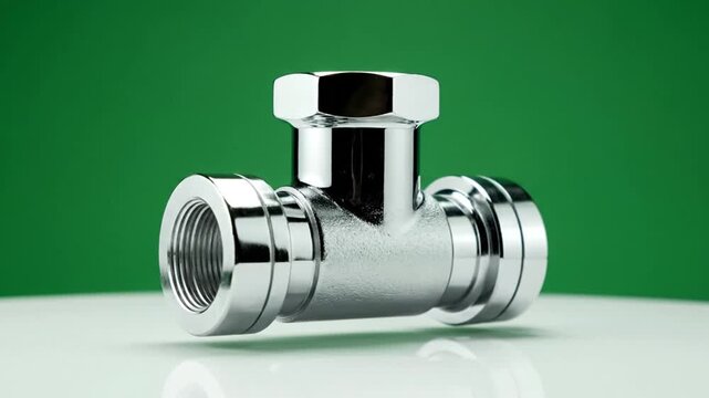 Chrome T-Junction Pipe Fitting on a Reflective Surface with Green Background.