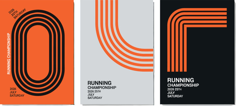 Collection of contemporary graphic design posters advertising an athletic running championship event with a dynamic, minimalist aesthetic and vibrant orange lines