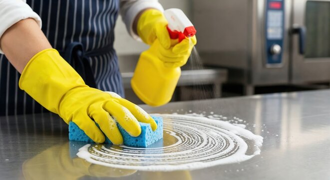 Cleaning professional wearing yellow gloves disinfecting kitchen surface with spray bottle and sponge.