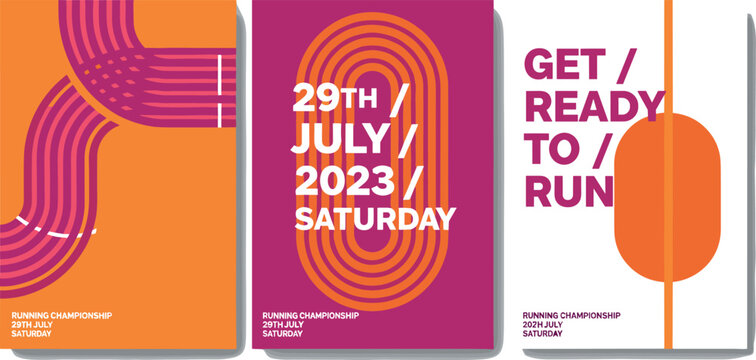 Abstract athletic event promotional flyer collection with a focus on running, using modern typography and a vibrant design concept