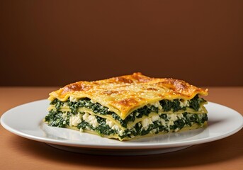 Italian lasagna with layers of spinach and cheese, cut into a square portion, isolated on a glossy white surface, with reflective lighting