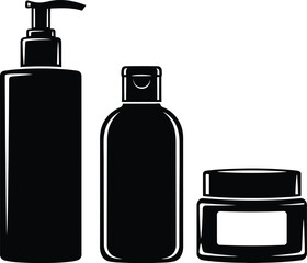 Black silhouette vector set of three beauty and hygiene product packaging: a tall pump bottle, a flip-top bottle, and a cream jar with a blank label area for text or logo mockup.