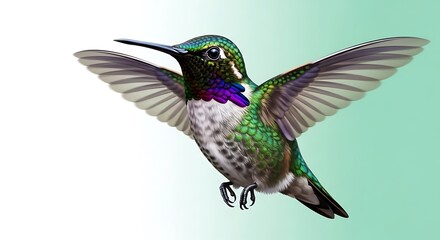 Obraz premium Exquisite Iridescent Hummingbird Illustration: Vibrant Green and Purple Plumage in Flight